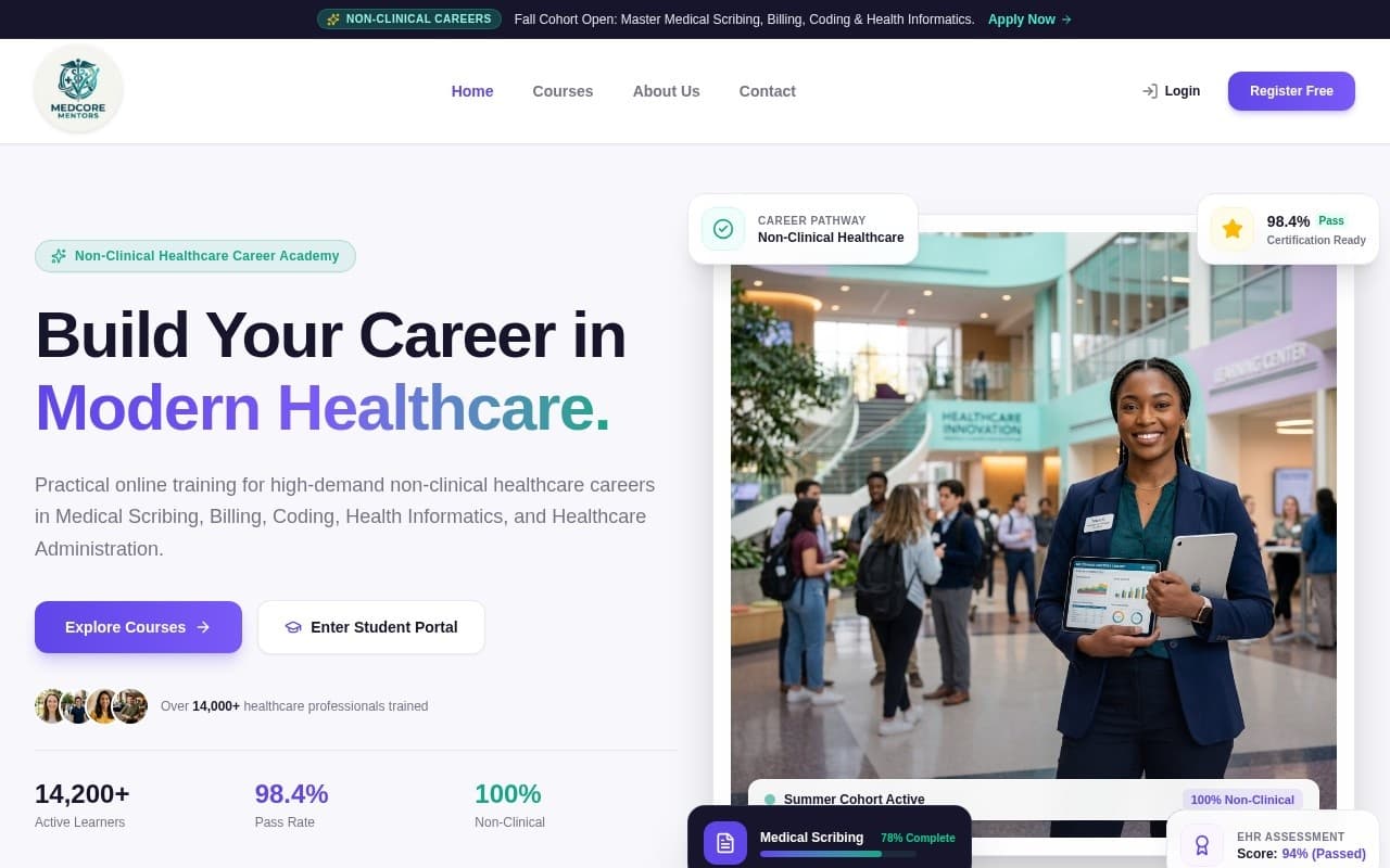 MEDcore Mentors Academy — Healthcare Career LMS homepage